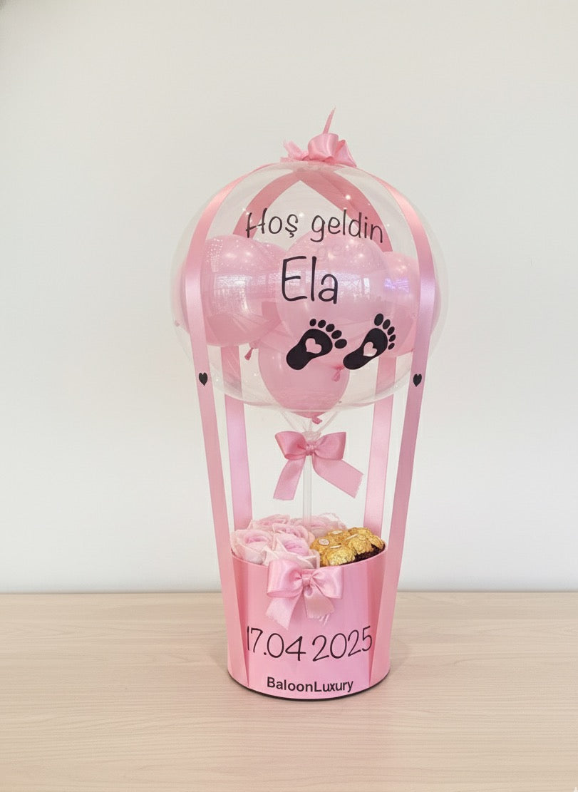 Pembe Hediye Balon Kutusu – Çikolatalı & Kadife Güllü Set