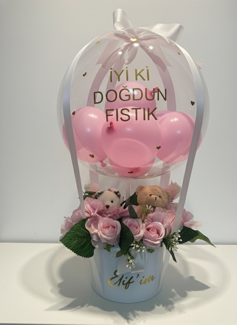 Ayıcıklı Çiçekli Doğum Günü Balon Kutusu