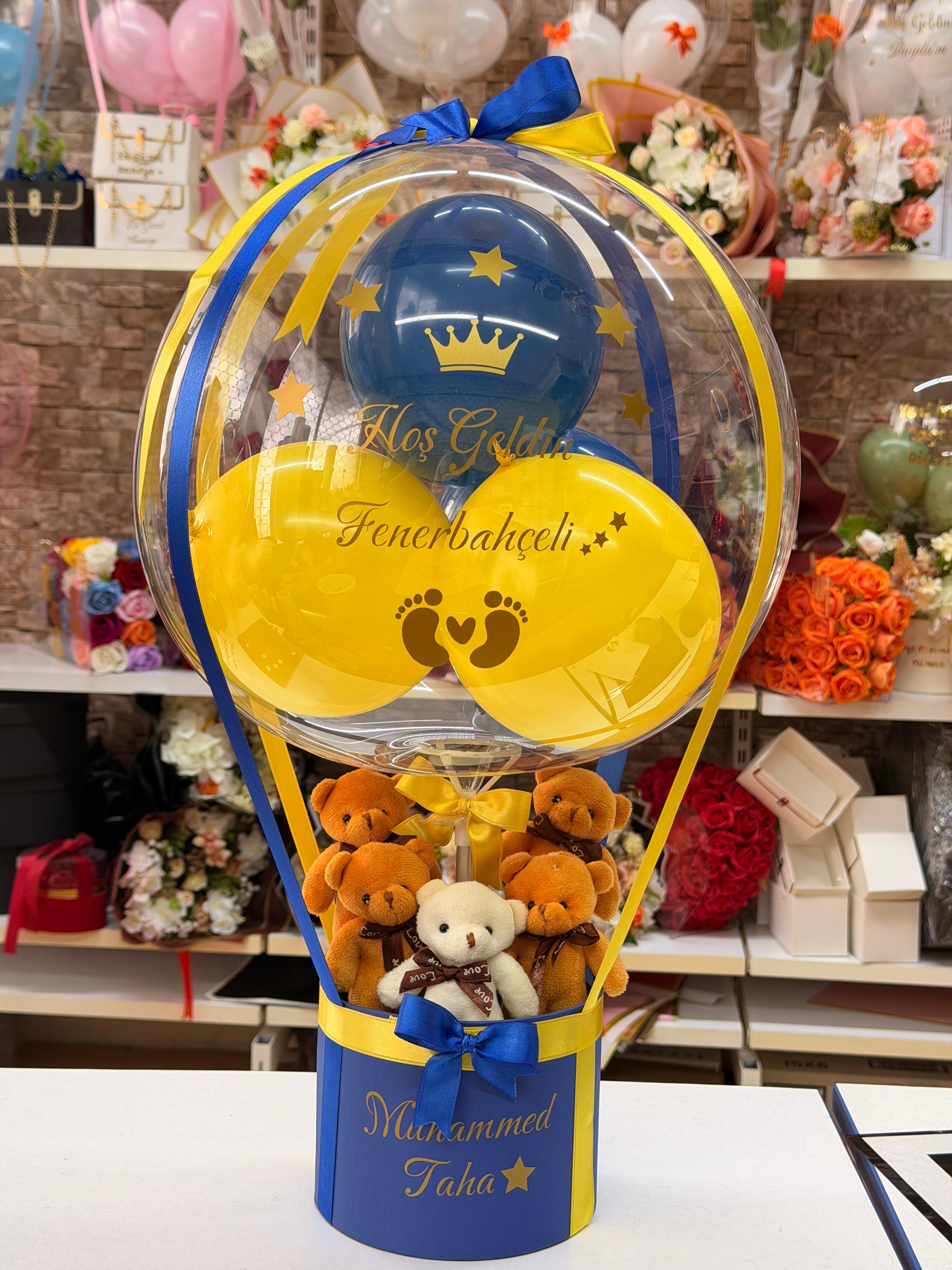 Lacivert sarı Hoş Geldin Bebek Balon Kutusu – Kişiye Özel Tasarım