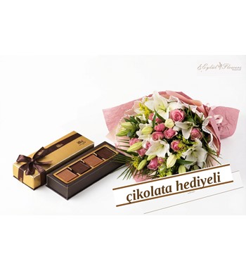 Pembe Gül ve Lilyum Buketi & Çikolata Hediyeli