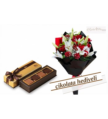 Lilyum ve Kırmızı Gül Buketi & Çikolata Hediyeli