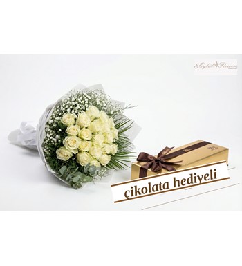 15 li Beyaz Gül Buketi ve Çikolata Hediyeli