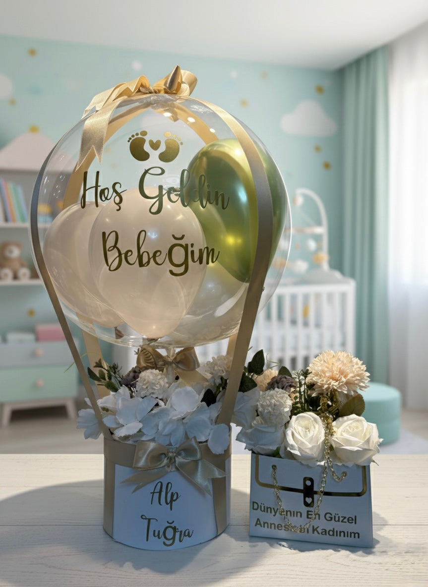 Kişiye Özel Hoş Geldin Bebeğim Balon Kutusu – Altın Detaylı Premium Yeni Doğan Hediye Seti