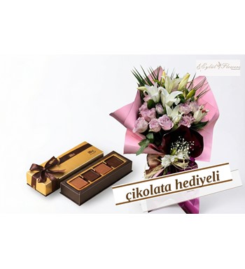 Lila Gül & Lilyum Buket Aranjmanı + Çikolata Eşliğinde