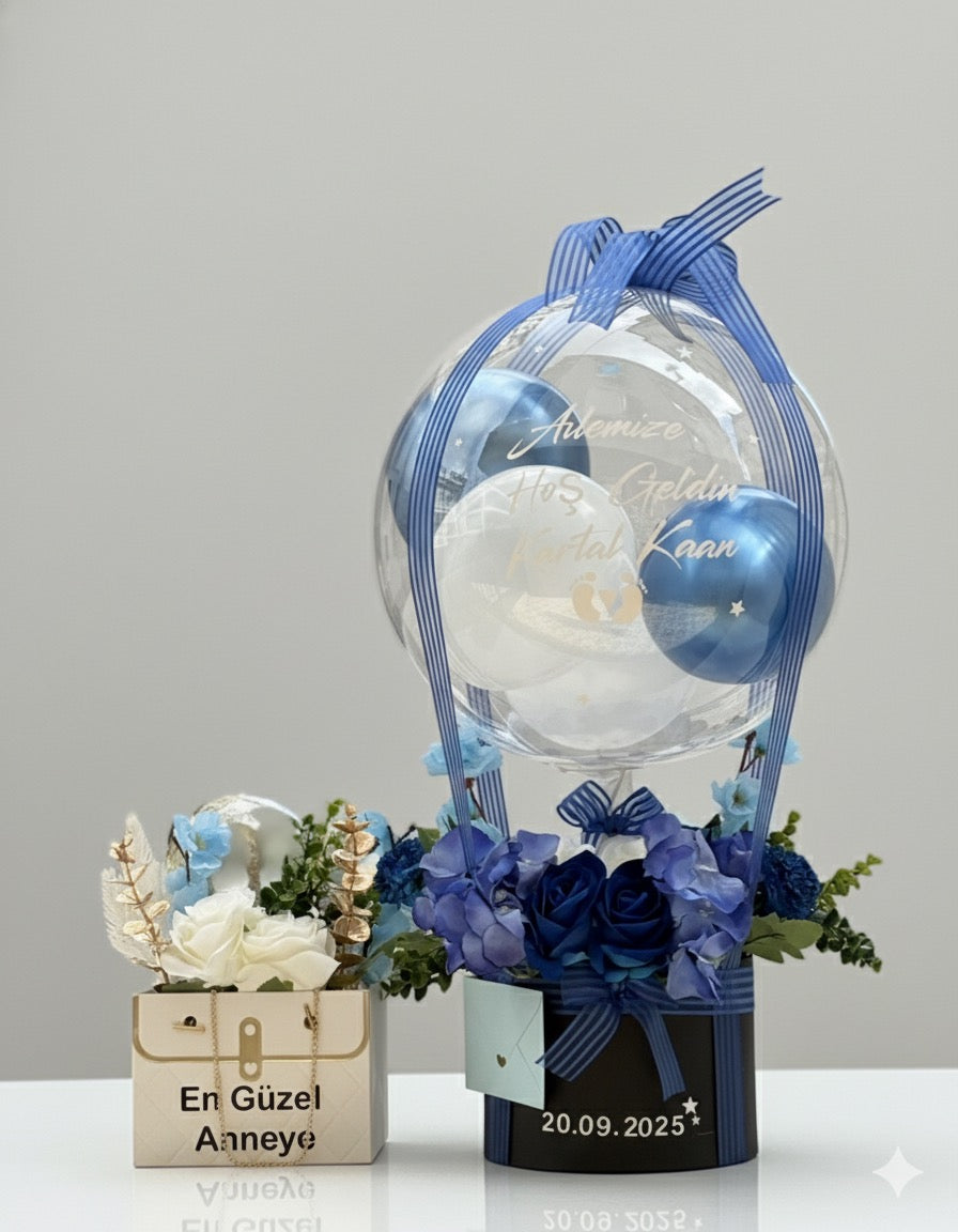 Blue Grace Welcome Set – Hoş Geldin Bebek Balon & Hediye Kutusu