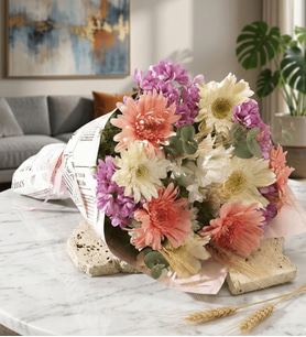 Gazete Bukette Papatyalar ve Pembe Beyaz Gerbera